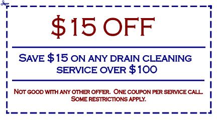 Save $15 on any drain cleaning service over $100.  Not valid with any other offer.  One coupon per service call.  Some restrictions apply.